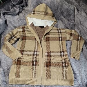 Almost Famous Beige Plaid Hooded Cardigan Sweater